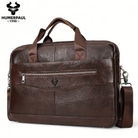 Vintage Brown Leather Men's Business Shoulder Bag - Genuine Leather Messenger Handbag with Adjustable Strap, Multiple Compartments & Zippers for Office Use, Professional Attache Case | Stylish Zipper Bag | Leather Briefcase