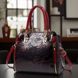 Women's Vintage Floral Enamel Handbag with Detachable Shoulder Strap & Zipper Closure - Multi-Compartment Tote for Commuting, Work, Travel - Includes Matching handbag (Light Purple/Red/Green/Blue/Golden/Black)