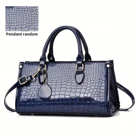 Glossy Crocodile-Embossed Women's Handbag - Convertible handbag & Crossbody Purse with Adjustable Strap, Golden-Tone Hardware & Zipper Closure, Durable Painted Black/Khaki/Coffee/Gray/White/Red/Wine Red/Blue, Stylish Women's Accessory