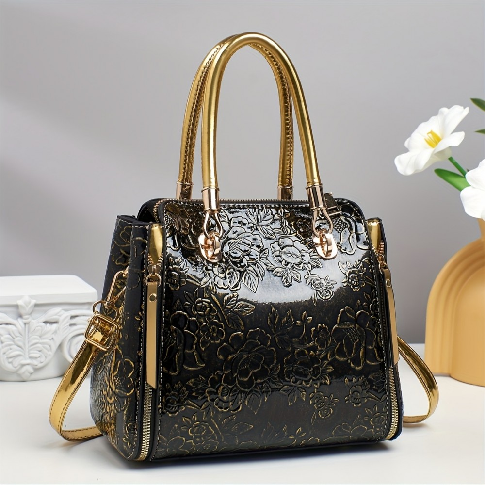 Vintage Floral Print PVC Women's handbag with Adjustable Crossbody/Handheld Strap, Golden-Tone Hardware & Zipper Closure - Black & Golden, Wrist Strap Included, Polyester Lining for Casual & Formal Events, Fashion Accessory, Retro Bucket Bag